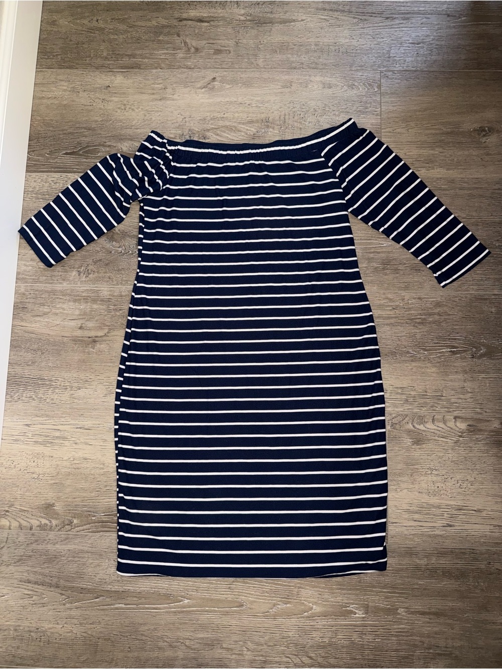 French Grey Navy and White One-Shoulder Stripe Midi Dress Nautical
